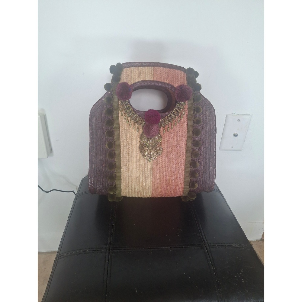 Boho Striped Straw Tote Bag Pom Pom Embellished Filigree Medallion Brown Pink